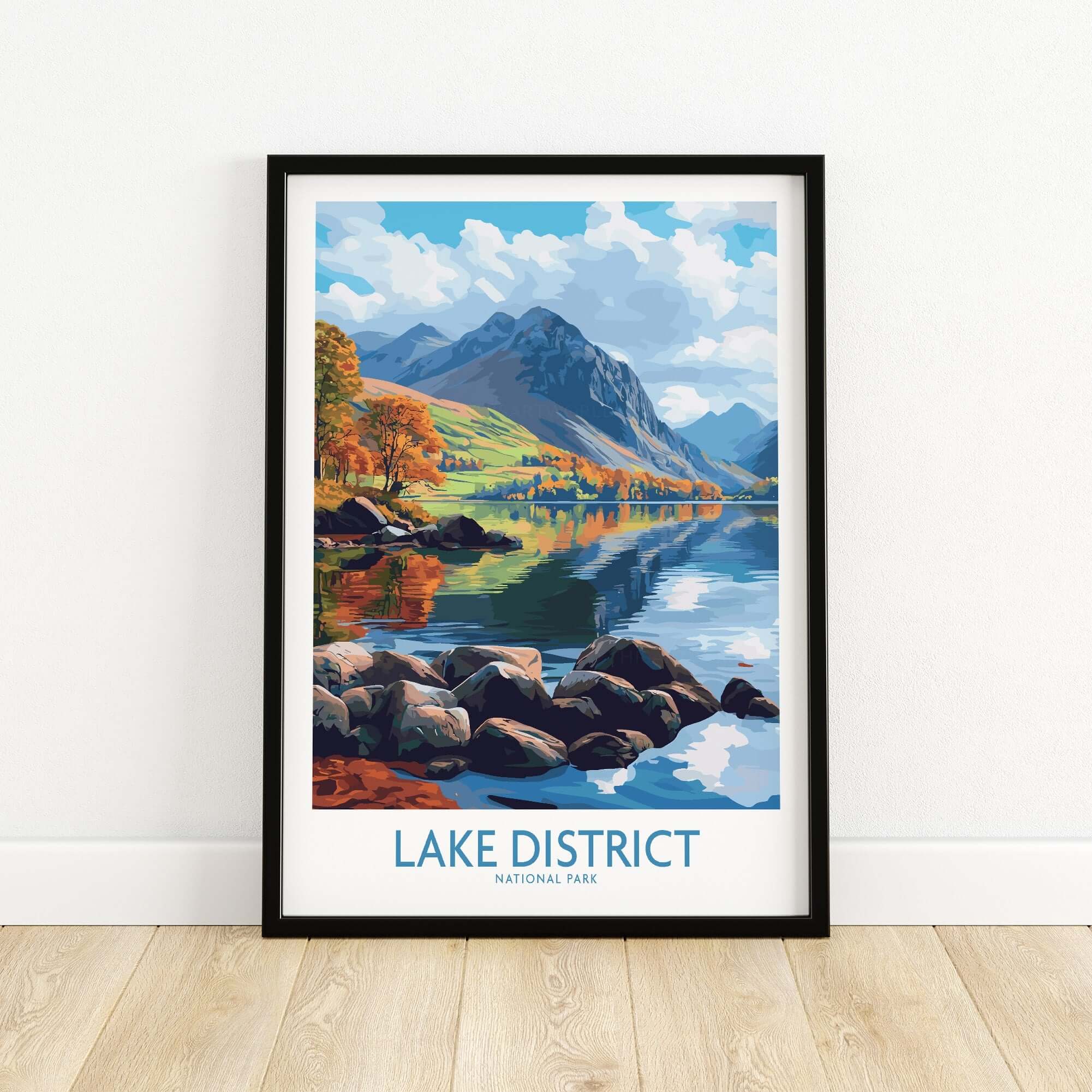 Lake District Travel Poster showcasing vibrant scenery of mountains and reflections in water.
