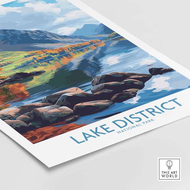 Lake District travel poster showcasing vibrant colors and stunning scenery of the national park with rocky foreground.