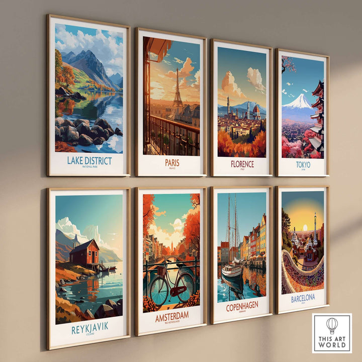 Framed travel posters of iconic cities including Lake District, Paris, Florence, Tokyo, Reykjavik, Amsterdam, Copenhagen, and Barcelona.