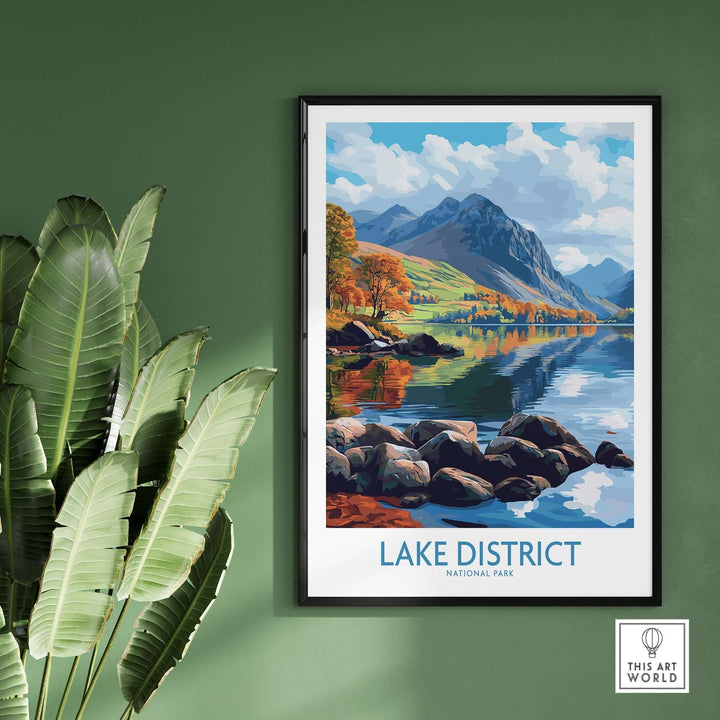 Lake District travel poster showcasing vibrant mountains, water reflections, and autumn colors, perfect for nature lovers.