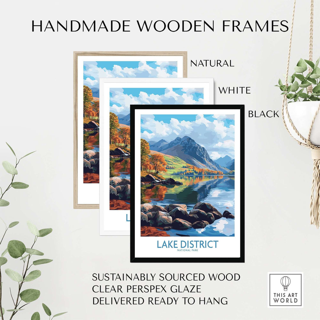 Handmade wooden frames for Lake District travel poster in natural, white, and black. Sustainable design, ready to hang.