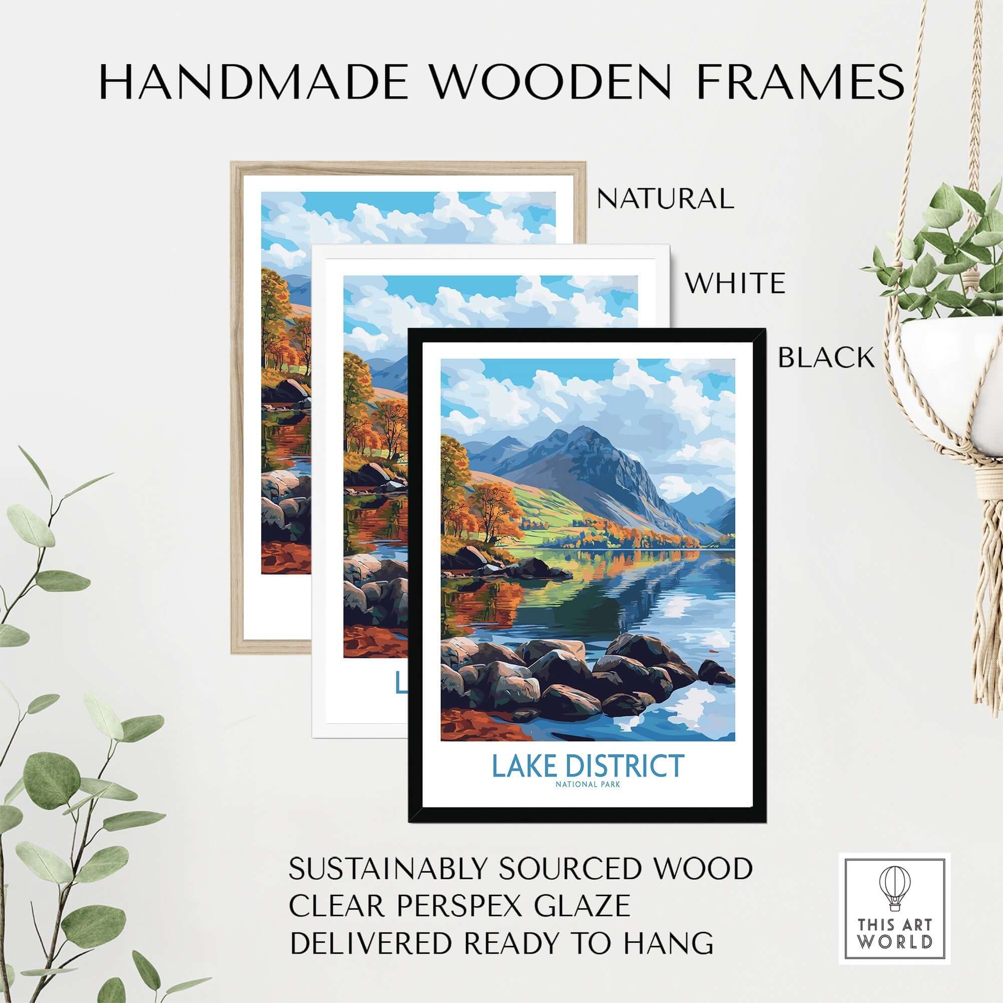 Lake District Travel Poster displayed in handmade wooden frames of natural, white, and black colors.