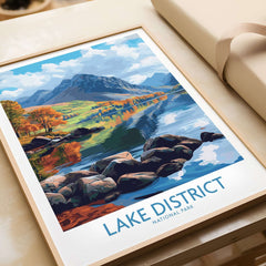 Lake District Travel Poster featuring vibrant colors and stunning landscape views of the Lake District.