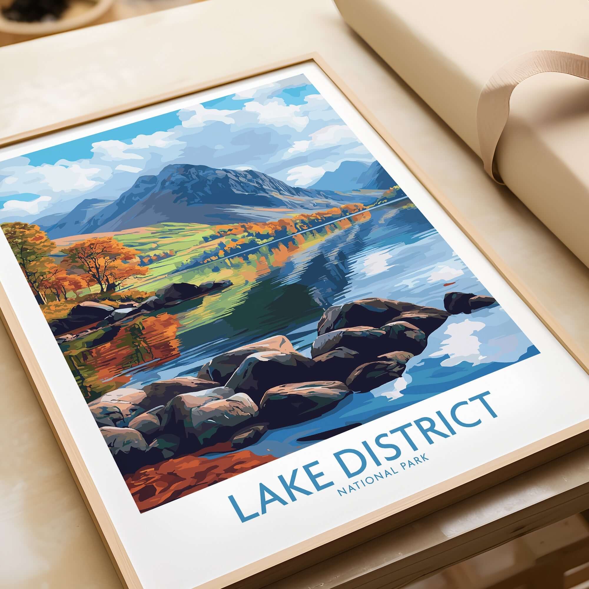 Lake District Travel Poster featuring vibrant colors and stunning landscape views of the Lake District.