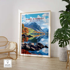 Stunning Lake District Travel Print showcasing breathtaking landscapes and reflections in tranquil waters.