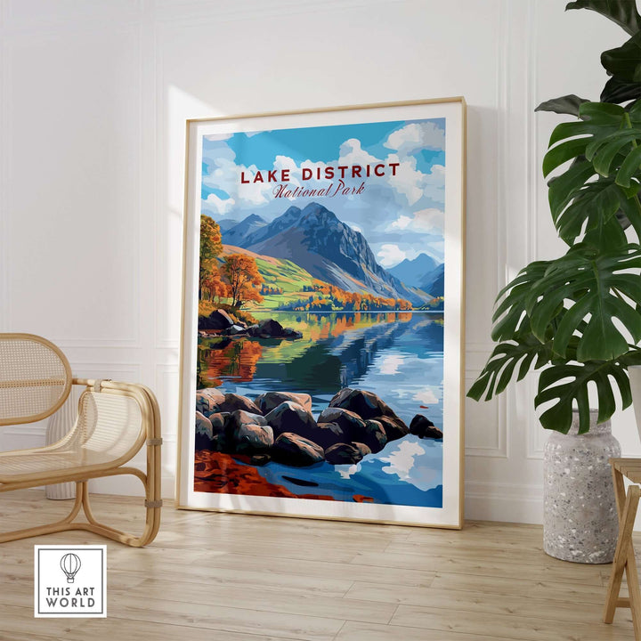 Lake District travel print showcasing serene landscapes and vibrant colors, perfect for home or office decor.