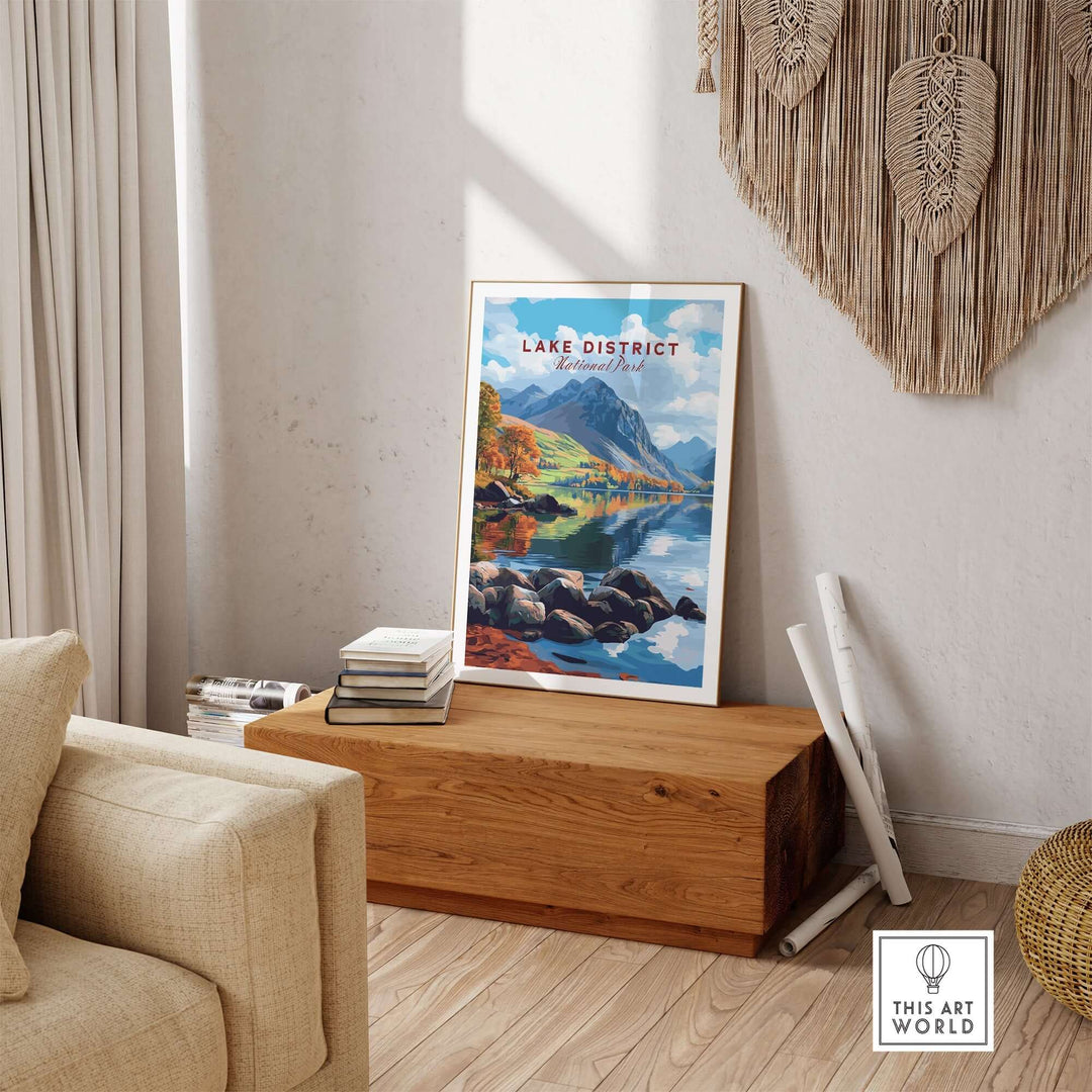 Lake District travel print displayed in a cozy living room setting, showcasing scenic landscapes and tranquil waters.