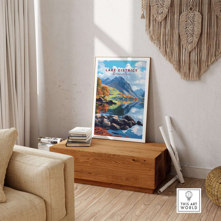 Lake District travel print displayed in a cozy living room setting, showcasing scenic landscapes and tranquil waters.