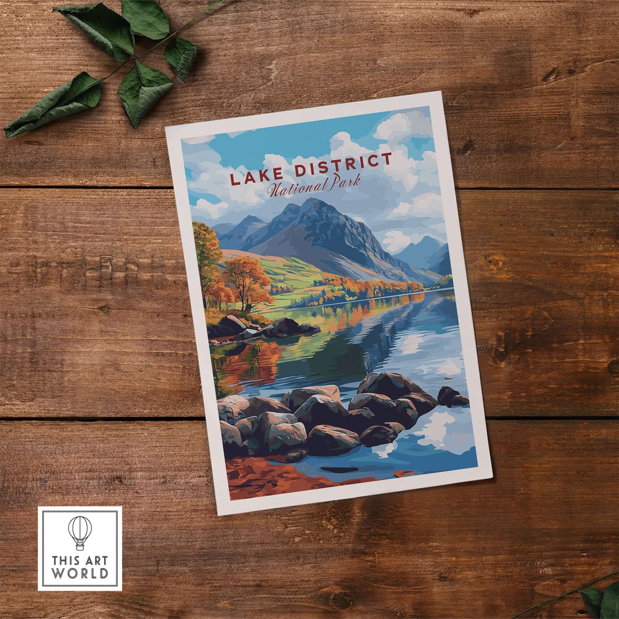 Lake District Travel Print showcasing serene landscapes of Lake District National Park with mountains and water reflections.