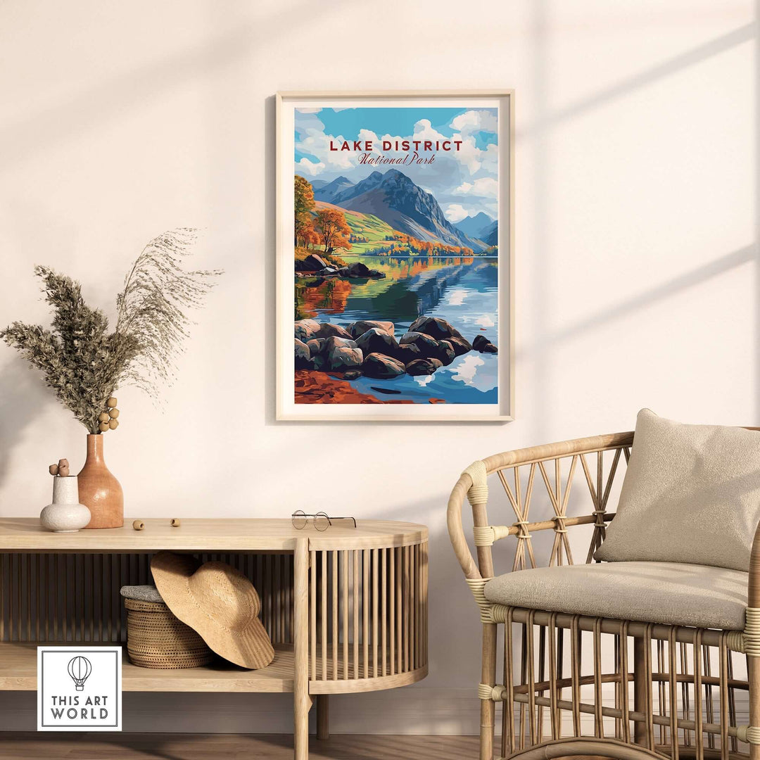 Lake District travel print showcasing vibrant landscapes and serene waters, perfect for home or office decor.