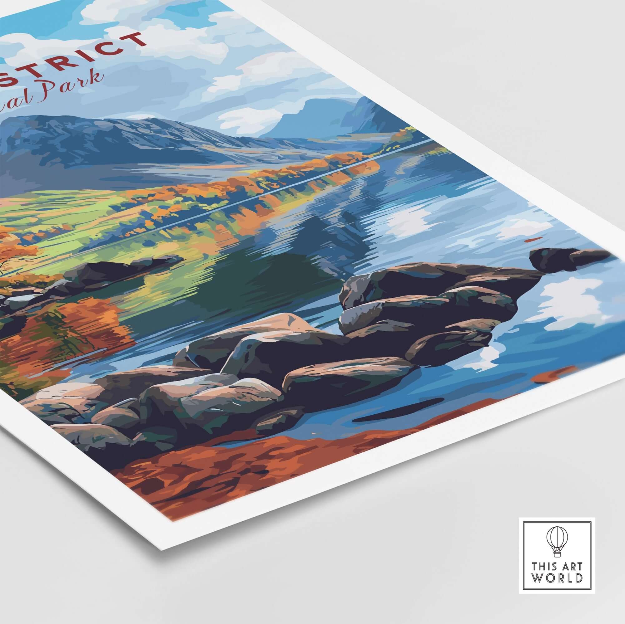 Lake District Travel Print featuring serene landscapes and vibrant reflections of nature.