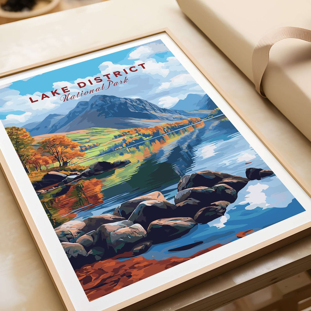 Lake District National Park travel print featuring vibrant landscapes and serene water reflections in a stylish frame.