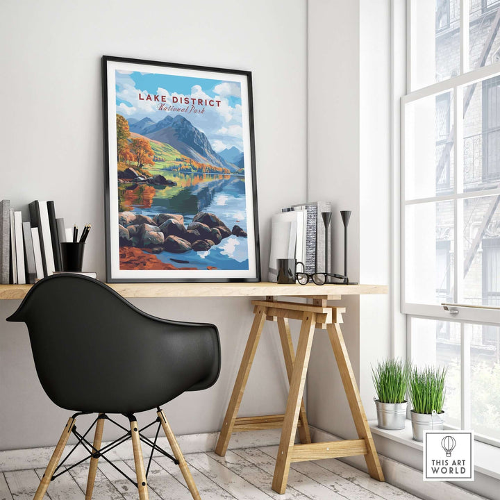 Lake District travel print in a stylish office setting, showcasing serene landscapes and vibrant colors. Perfect for nature lovers.