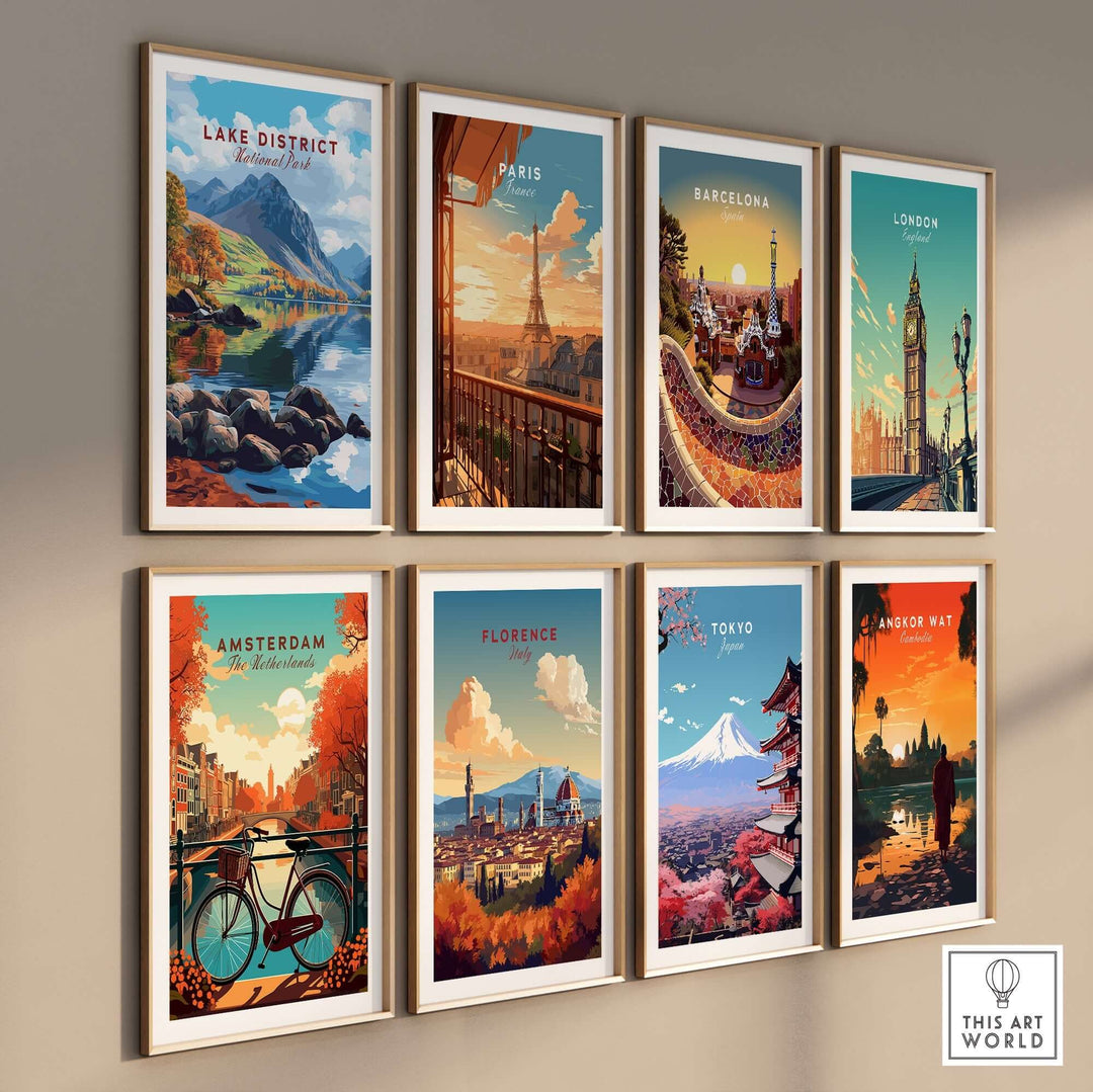 Lake District travel print among framed city travel posters, showcasing beautiful landscapes and iconic landmarks.