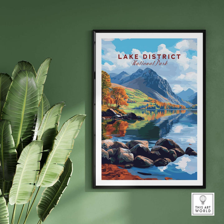 Lake District travel print showcasing tranquil landscapes and mountains, perfect for home or office decor.