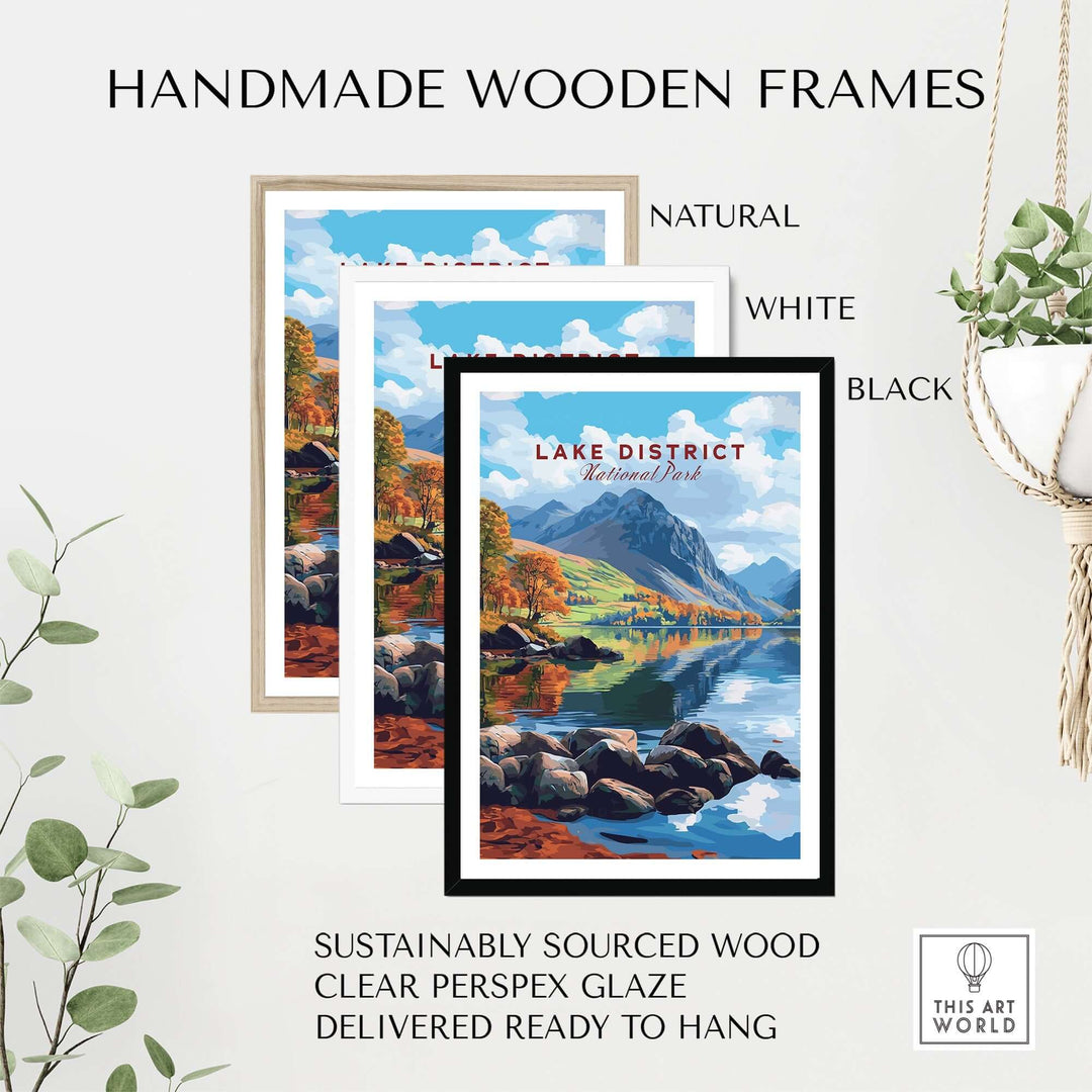 Handmade wooden frames in natural, white, and black for Lake District travel print, sustainably sourced and ready to hang.