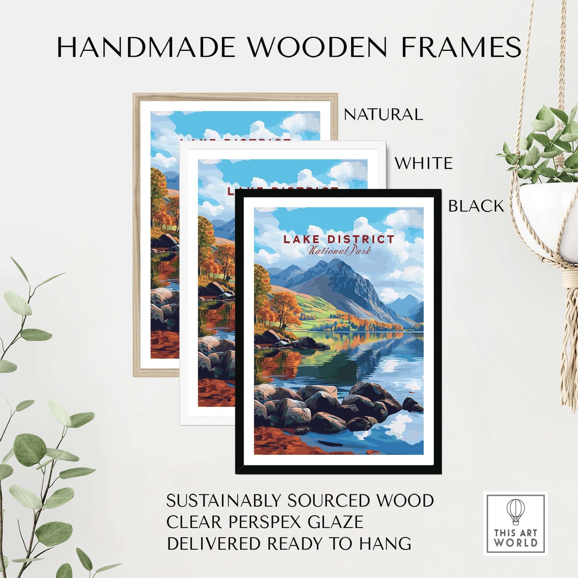 Lake District Travel Print framed in natural, white, and black handmade wooden frames.