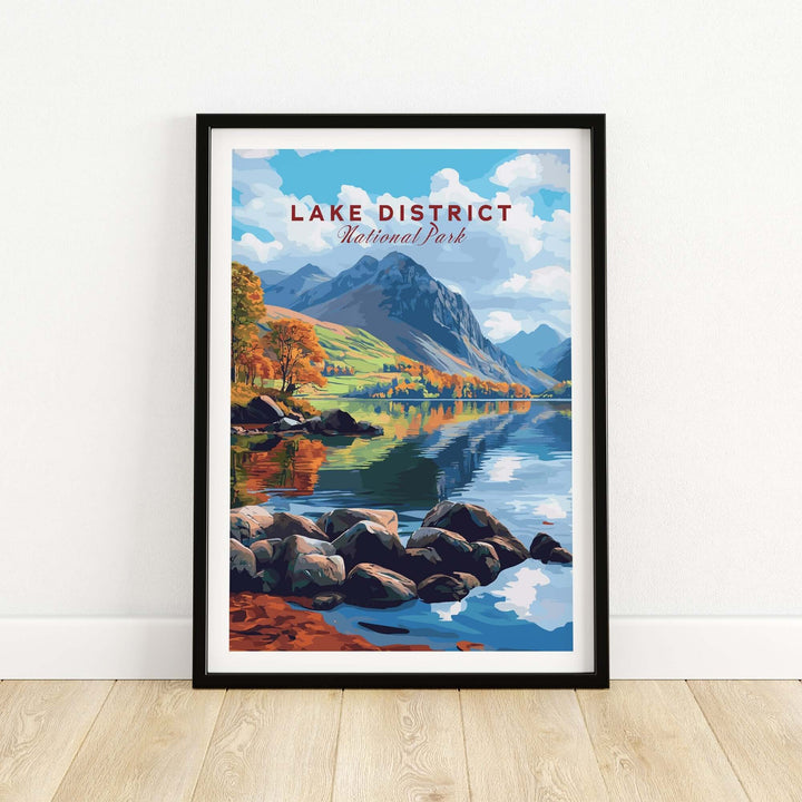 Lake District travel print featuring mountains, tranquil water, and colorful landscapes in a stylish frame.