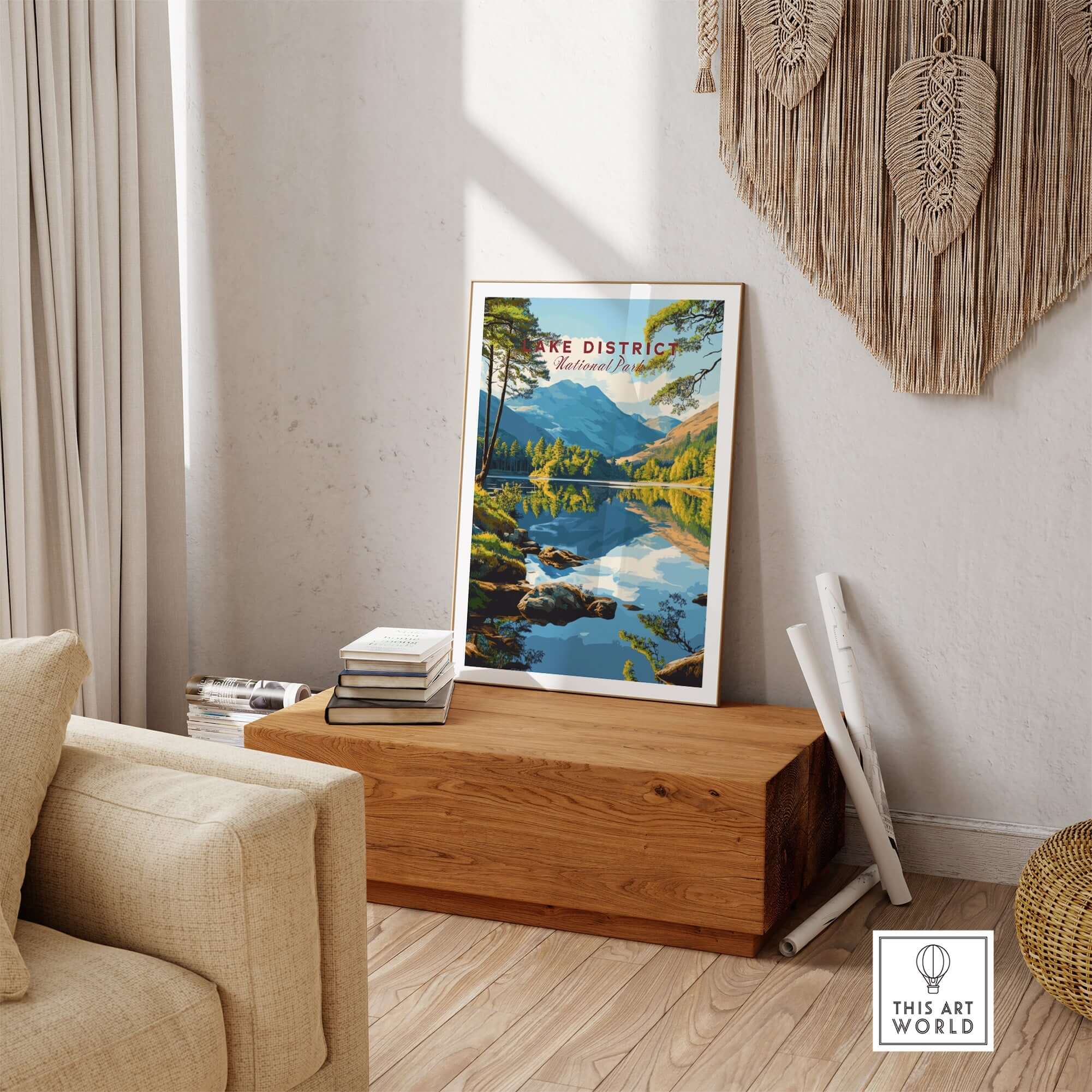 Lake District Wall Art showcasing vibrant colors and serene landscapes in a cozy living room setting.