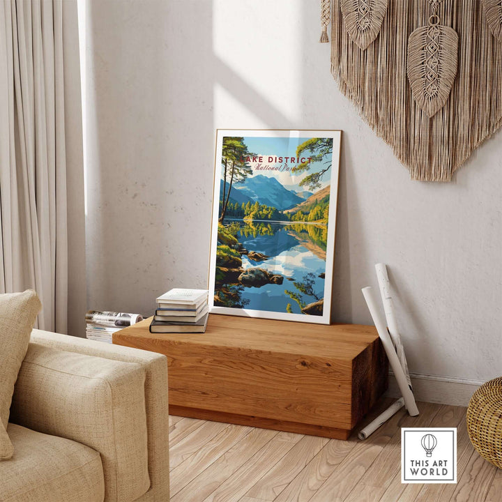 Lake District wall art displayed in a cozy room, showcasing vibrant colors and serene English countryside landscapes.