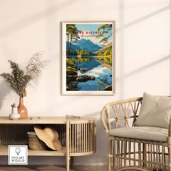 Lake District Wall Art showcasing serene landscapes and vibrant colors in a stylish home setting.