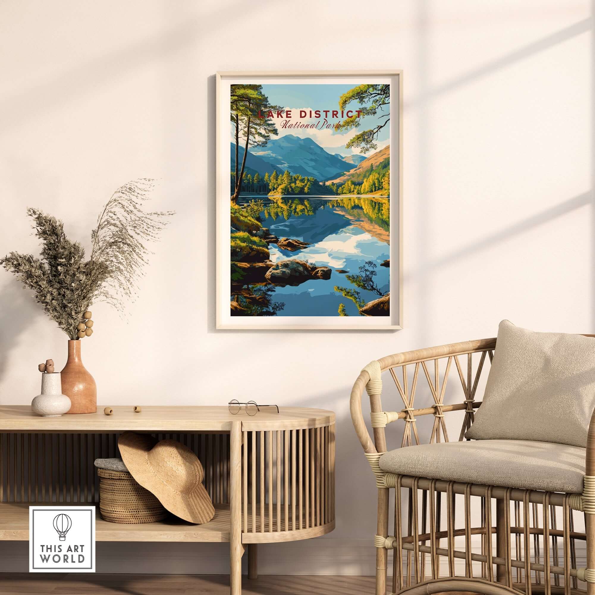 Lake District Wall Art showcasing serene landscapes and vibrant colors in a stylish home setting.
