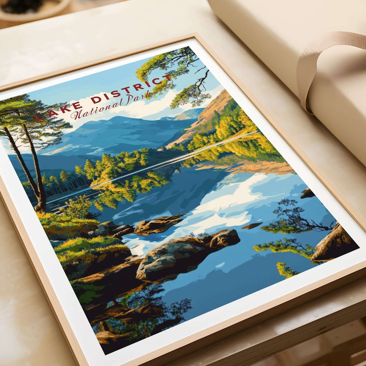 Framed Lake District wall art featuring vibrant color reflections of mountains and trees in serene landscapes.