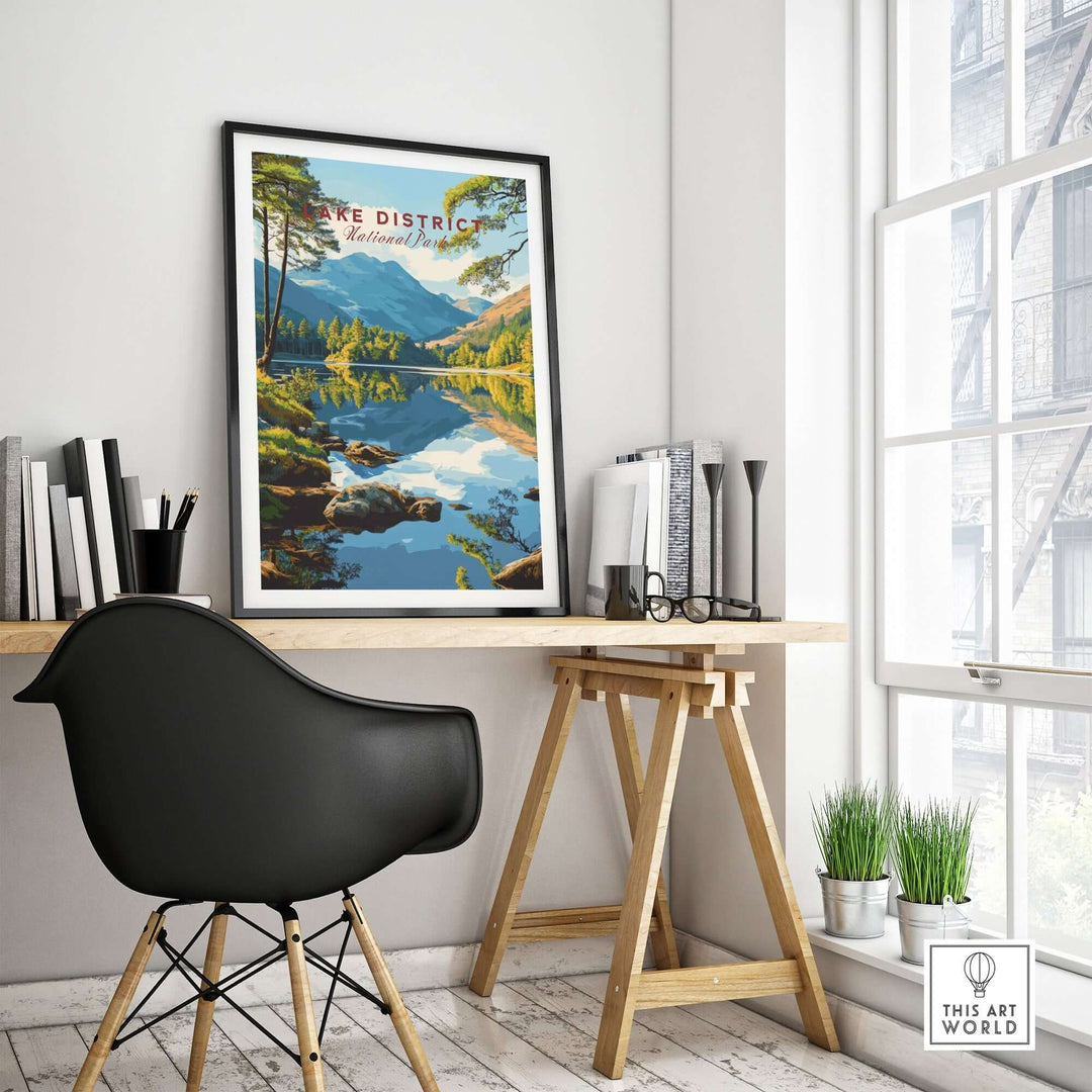 Lake District wall art displayed in a modern workspace, highlighting vibrant colors and scenic landscape reflections.