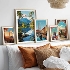 Lake District Wall Art featuring vibrant colors and scenic views of nature in a beautifully arranged gallery wall setting.