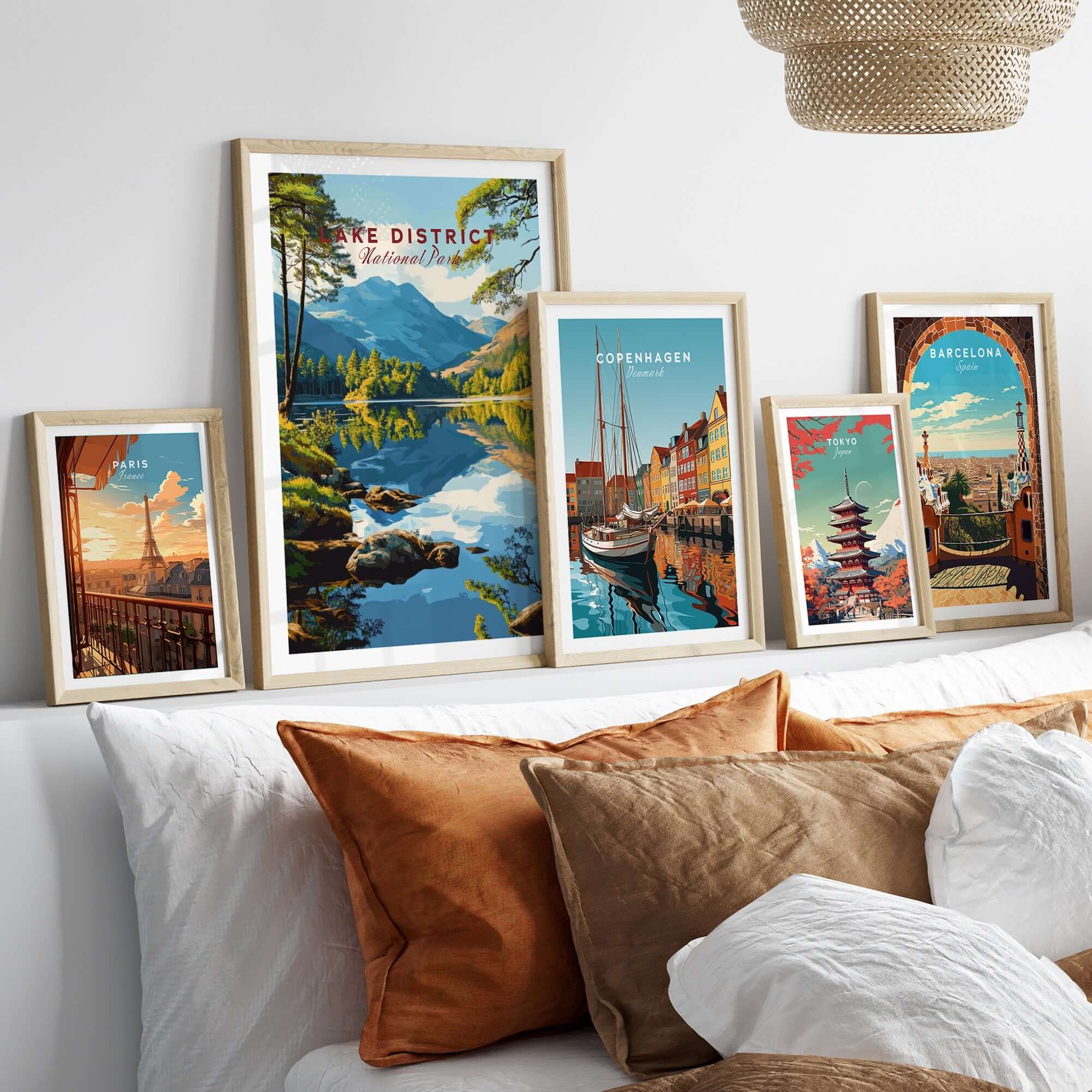 Lake District Wall Art featuring vibrant colors and scenic views of nature in a beautifully arranged gallery wall setting.