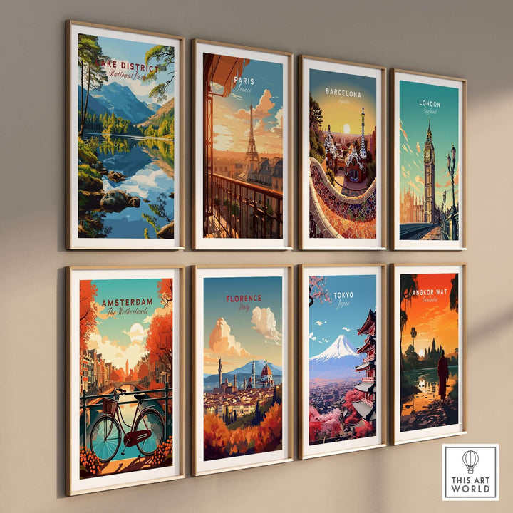 Lake District wall art among vibrant city prints showcasing scenic landscapes for home decor inspiration.