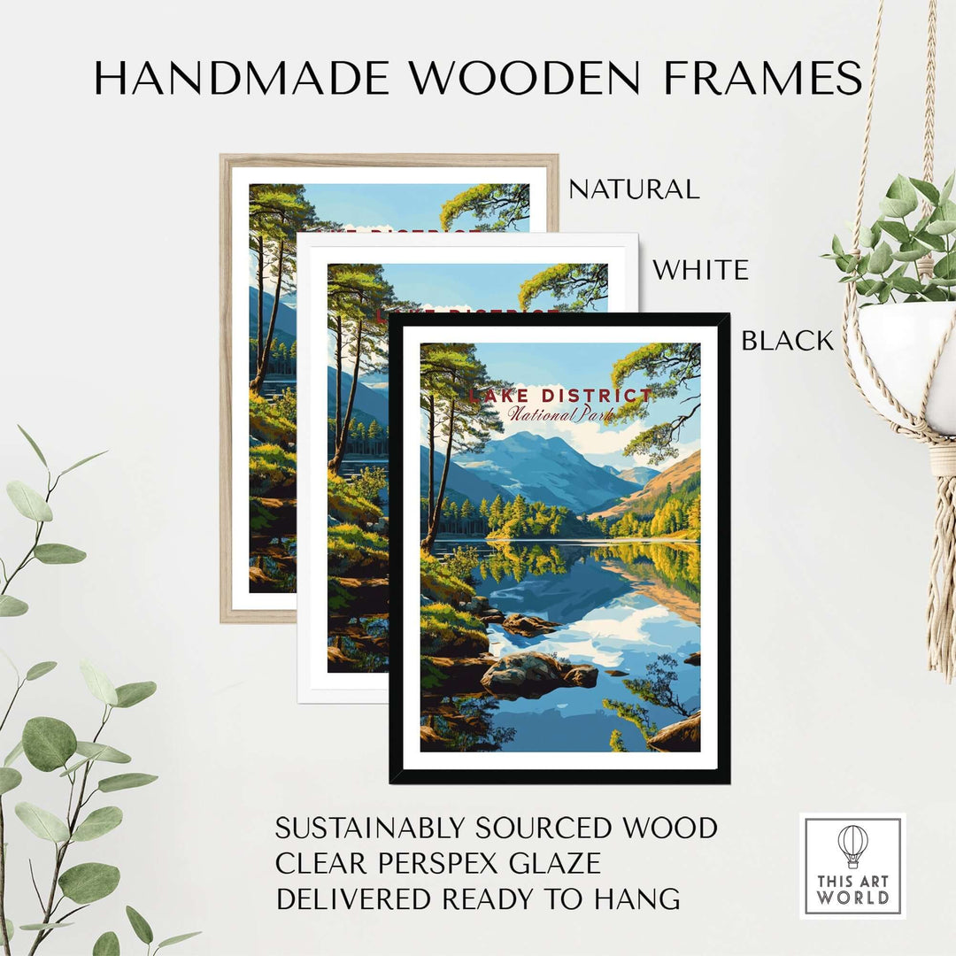 Handmade wooden frames for Lake District wall art in natural, white, and black options, ready to hang with clear perspex glaze.