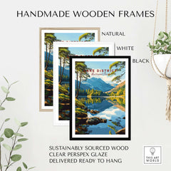 Lake District Wall Art in handmade wooden frames, showcasing natural, white, and black options.