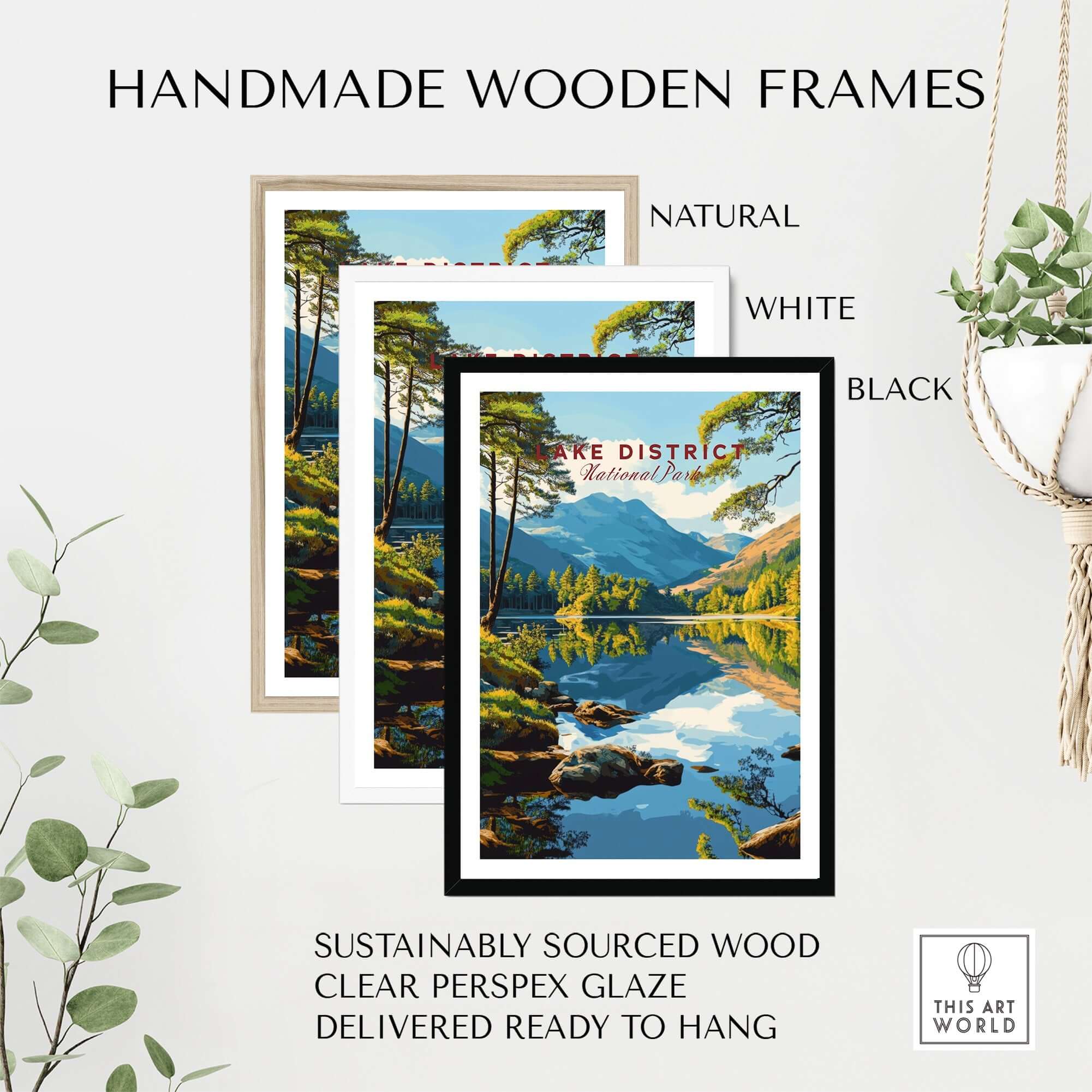 Lake District Wall Art in handmade wooden frames, showcasing natural, white, and black options.