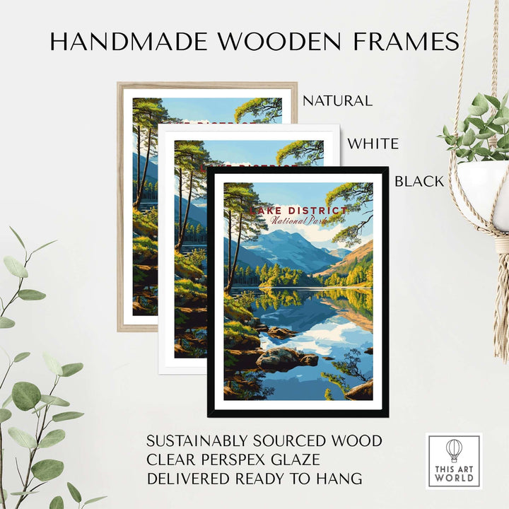 Handmade wooden frames for Lake District wall art in natural, white, and black options, ready to hang with clear perspex glaze.