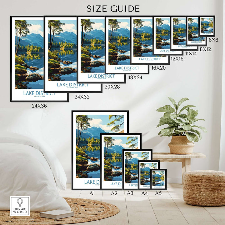 Size guide for Lake District wall art prints in various dimensions, displayed in a cozy living space with greenery.