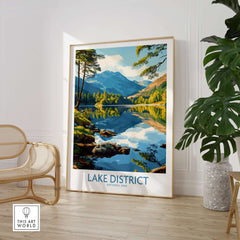 Lake District Wall Art Print England displayed in a serene living space with stunning lake and mountain views.