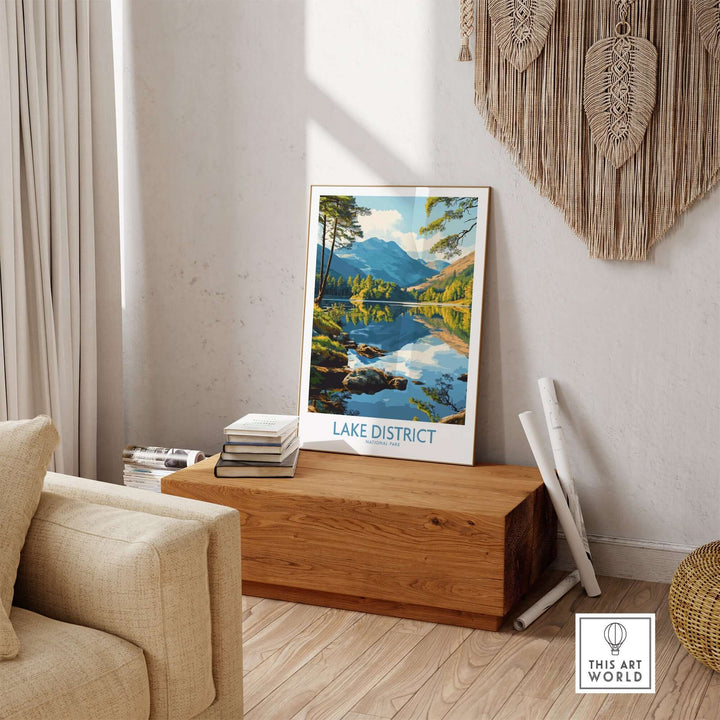 Lake District wall art print showcasing serene lake views and lush mountains, perfect for nature-inspired home decor.