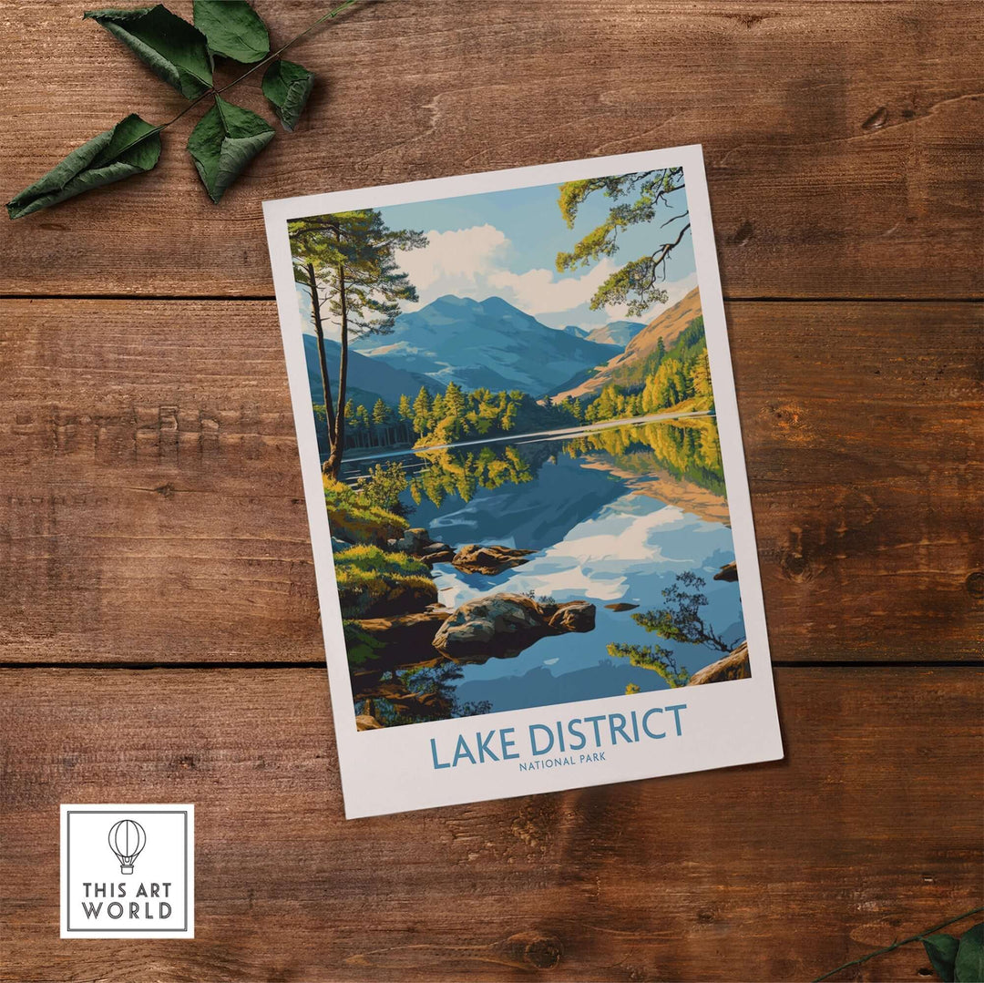 Lake District wall art print showcasing stunning mountains and reflections, perfect for nature lovers’ home decor.