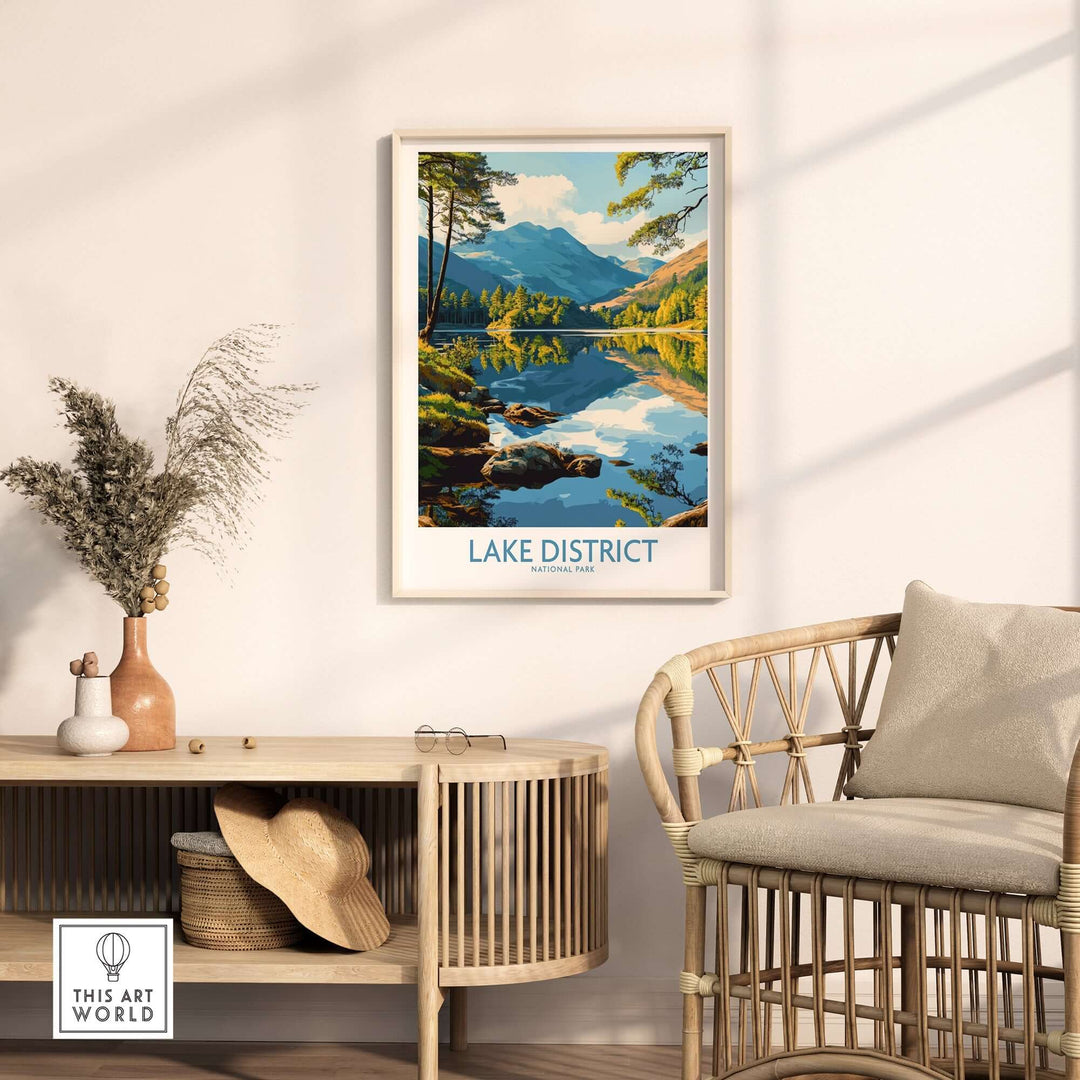 Lake District wall art print depicting serene landscape and reflections, framed and displayed in a cozy home setting.