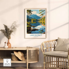 Lake District Wall Art Print England showcasing serene landscape and tranquil waters in a stylish home setting.