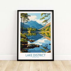 Lake District Wall Art Print England showcasing tranquil landscape of Lake District with mountains and reflection in water.