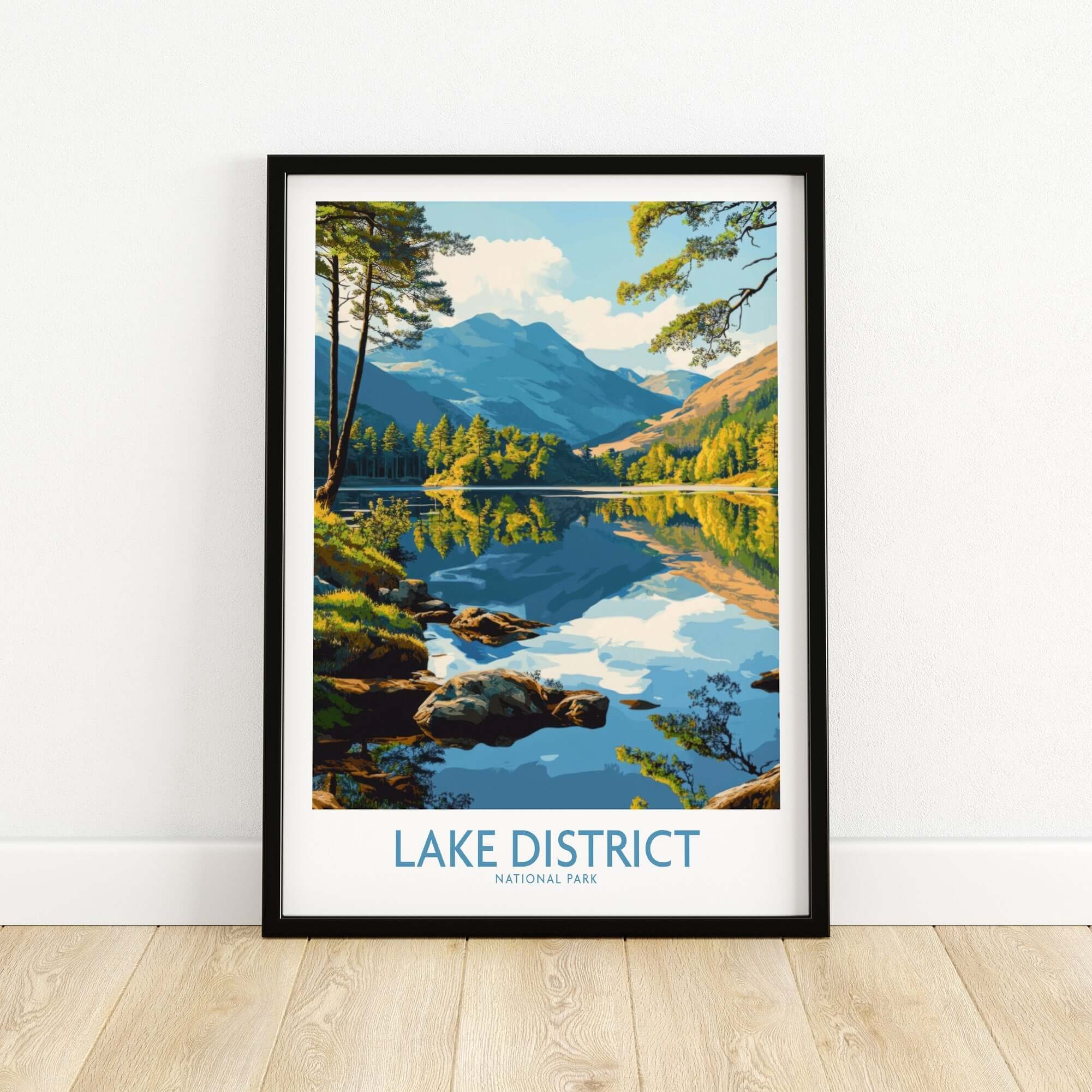 Lake District Wall Art Print England showcasing tranquil landscape of Lake District with mountains and reflection in water.