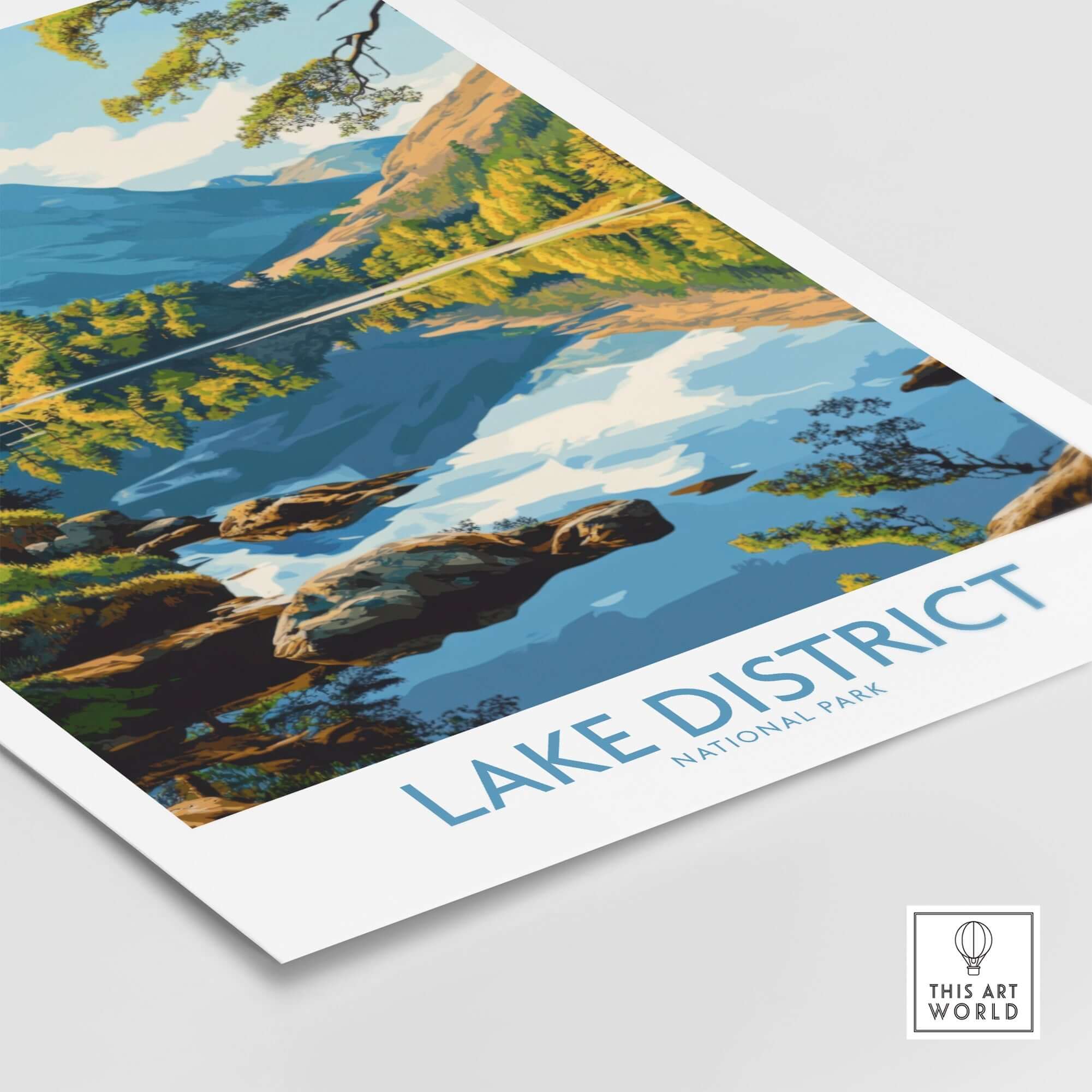 Lake District Wall Art Print England featuring a scenic landscape of the National Park with serene reflections.