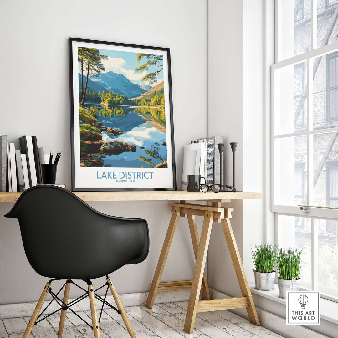 Lake District wall art print in a modern workspace, showcasing serene landscape views and complementing contemporary decor.