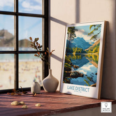 Lake District Wall Art Print England showcasing serene landscape and reflections in a stylish interior setting.