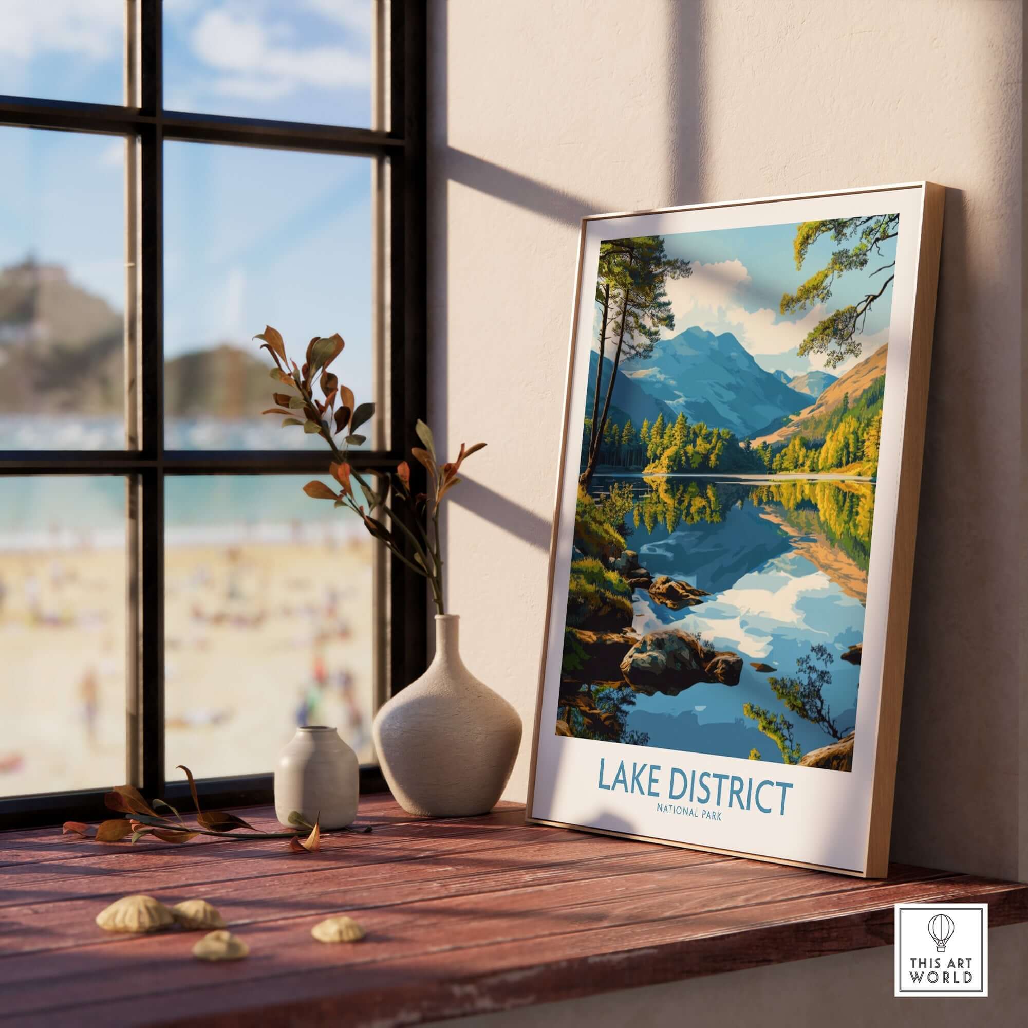 Lake District Wall Art Print England showcasing serene landscape and reflections in a stylish interior setting.