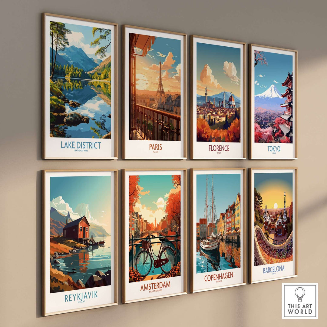 Collection of vintage travel posters including Lake District, Paris, Florence, Tokyo, Reykjavik, Amsterdam, Copenhagen, and Barcelona.