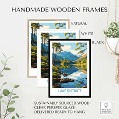 Lake District Wall Art Print England displayed in handmade frames, natural, white, and black options, ready to hang.