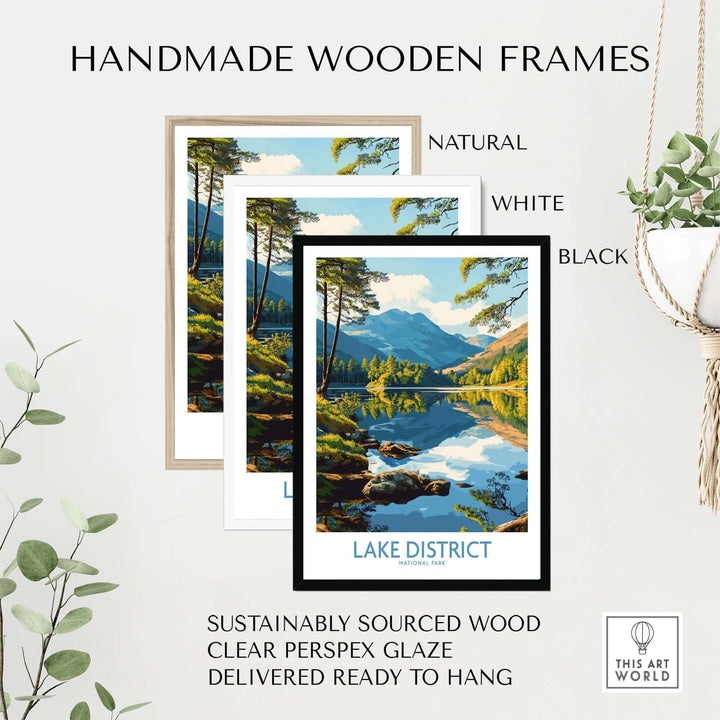 Handmade wooden frames in natural, white, and black for Lake District wall art print, featuring sustainable wood and clear perspex glaze.